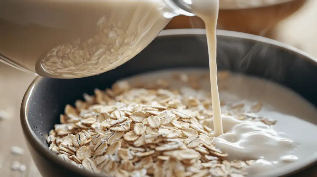 pouring unsweetened inulin-free almond milk into a saucepan with gluten-free rolled oats for low FODMAP oatmeal