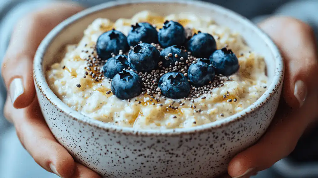 two hands holding a warm white ceramic bowl of low FODMAP oatmeal topped with fresh blueberries and chia seeds