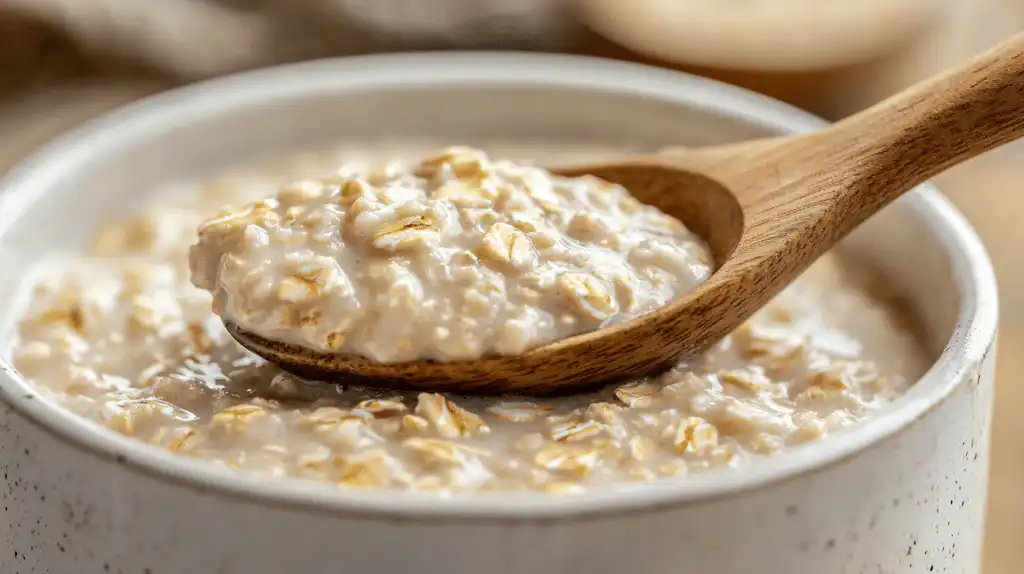 wooden spoon lifting a spoonful of creamy low FODMAP oatmeal from a white ceramic bowl