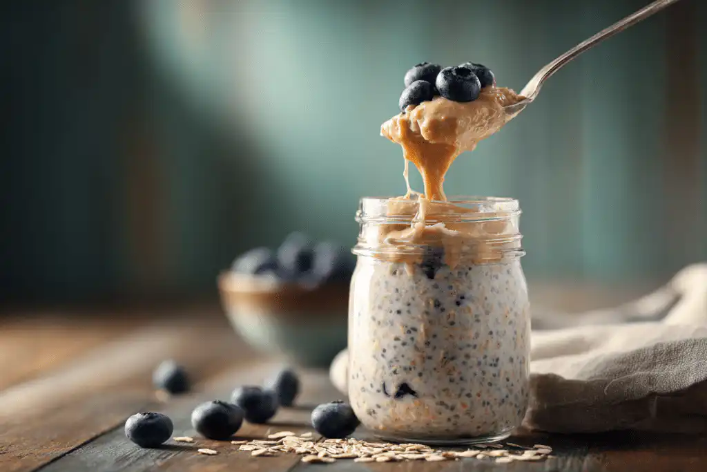 Silver spoon lifting a bite of low FODMAP blueberry oatmeal with a peanut butter drip.