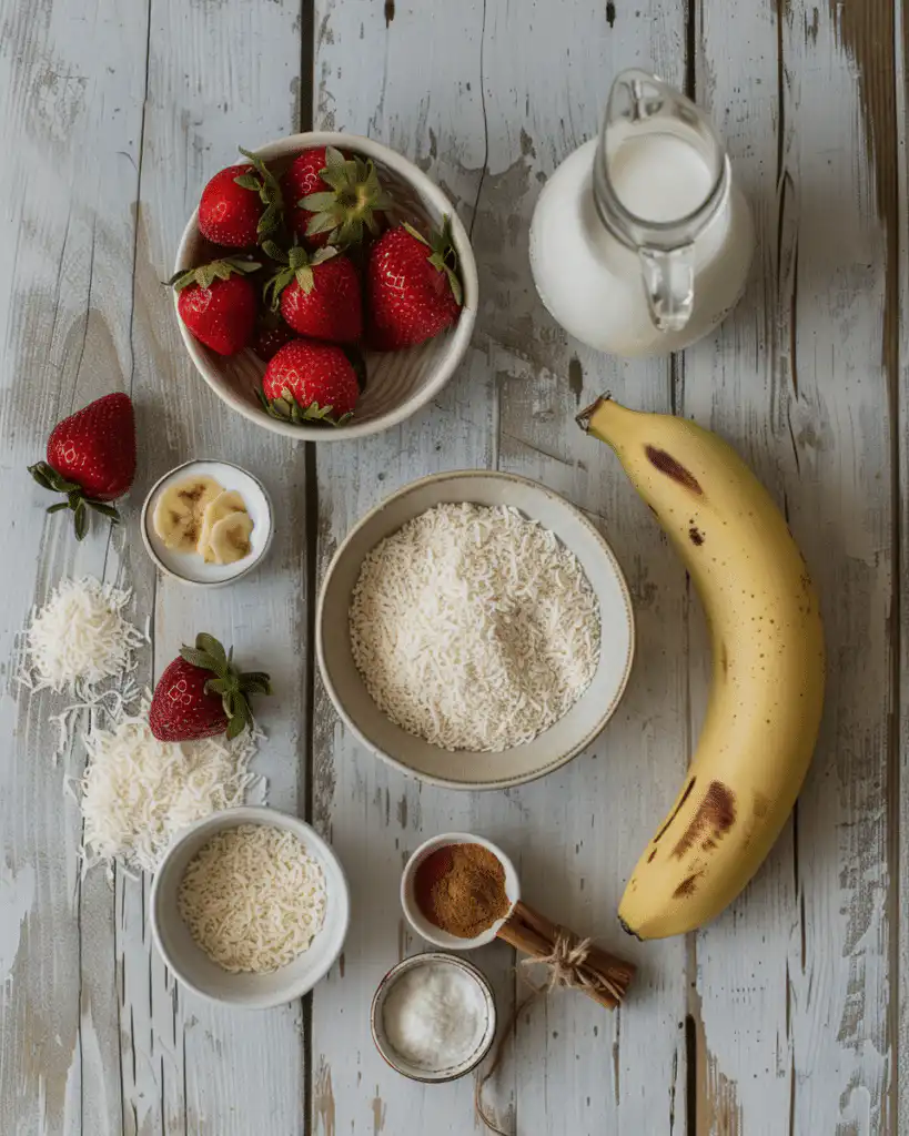 Raw hulled millet with fresh strawberries, banana and coconut — low FODMAP porridge ingredients flat lay.