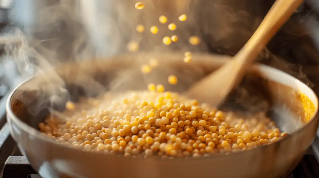 Golden hulled millet being toasted in a saucepan for a low FODMAP porridge recipe.
