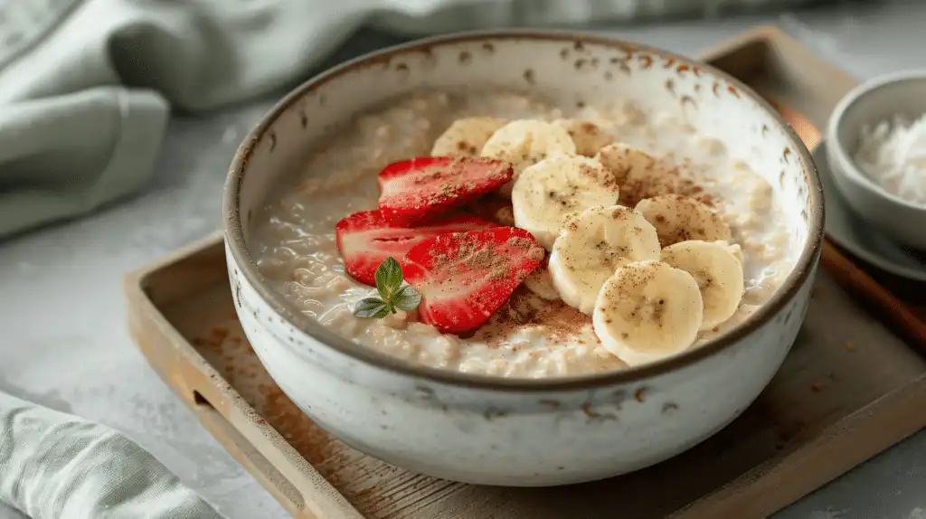Warm low FODMAP millet porridge topped with strawberries and banana in a ceramic bowl.
