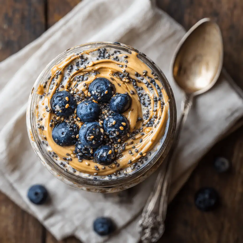 Overhead view of low FODMAP oatmeal with chia seeds, blueberries, and a peanut butter swirl.