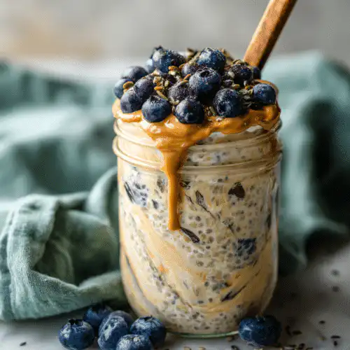 Photographie d'un bocal d'overnight oats aux myrtilles répondant à la question is oatmeal low fodmap en illustrant une portion sécuritaire de 40g.