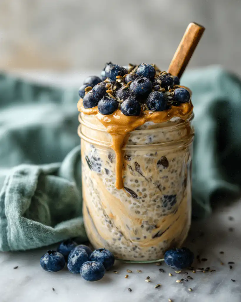 Low FODMAP overnight oats in a glass jar topped with blueberries and peanut butter.