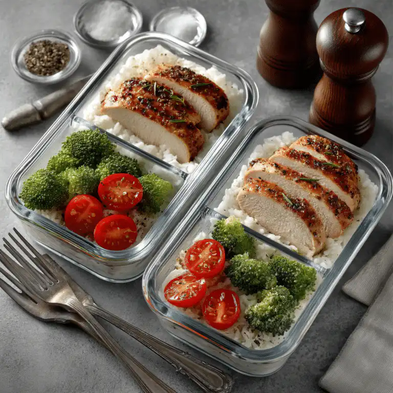 Low FODMAP meal prep containers with chicken, rice, broccoli, and tomatoes.
