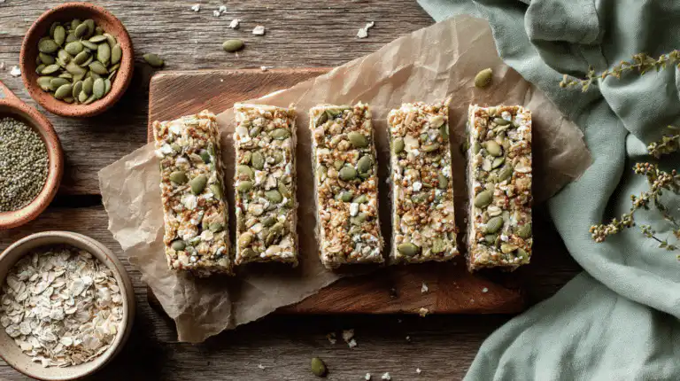 low FODMAP granola bars sliced on a wooden board