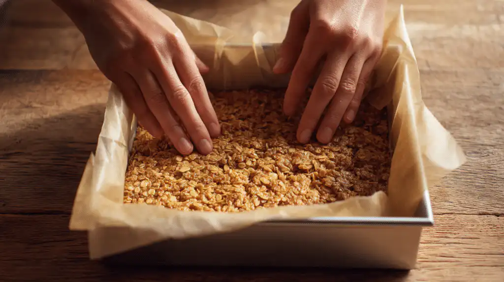 pressing low FODMAP granola bar mixture firmly into a parchment-lined baking pan