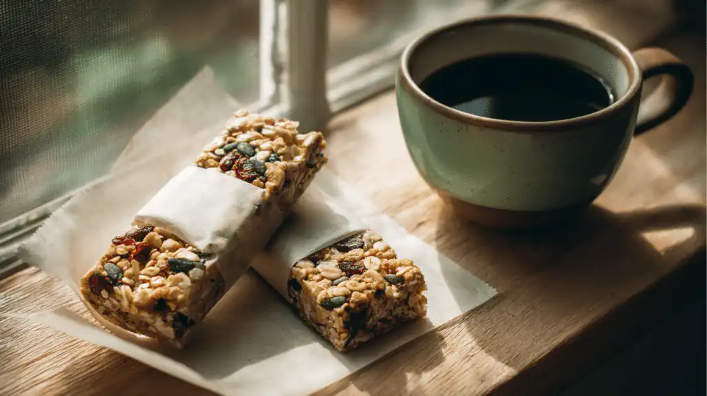 low FODMAP granola bars wrapped individually as a portable IBS-friendly snack next to a morning coffee