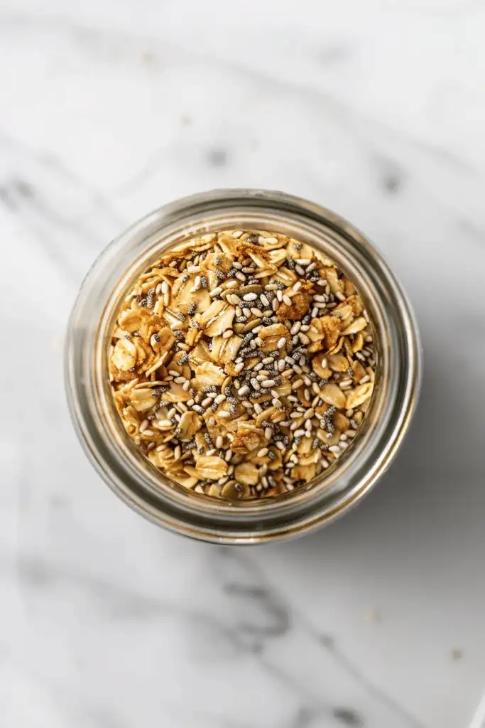 Low FODMAP granola in a glass jar with oats, seeds and crunchy clusters