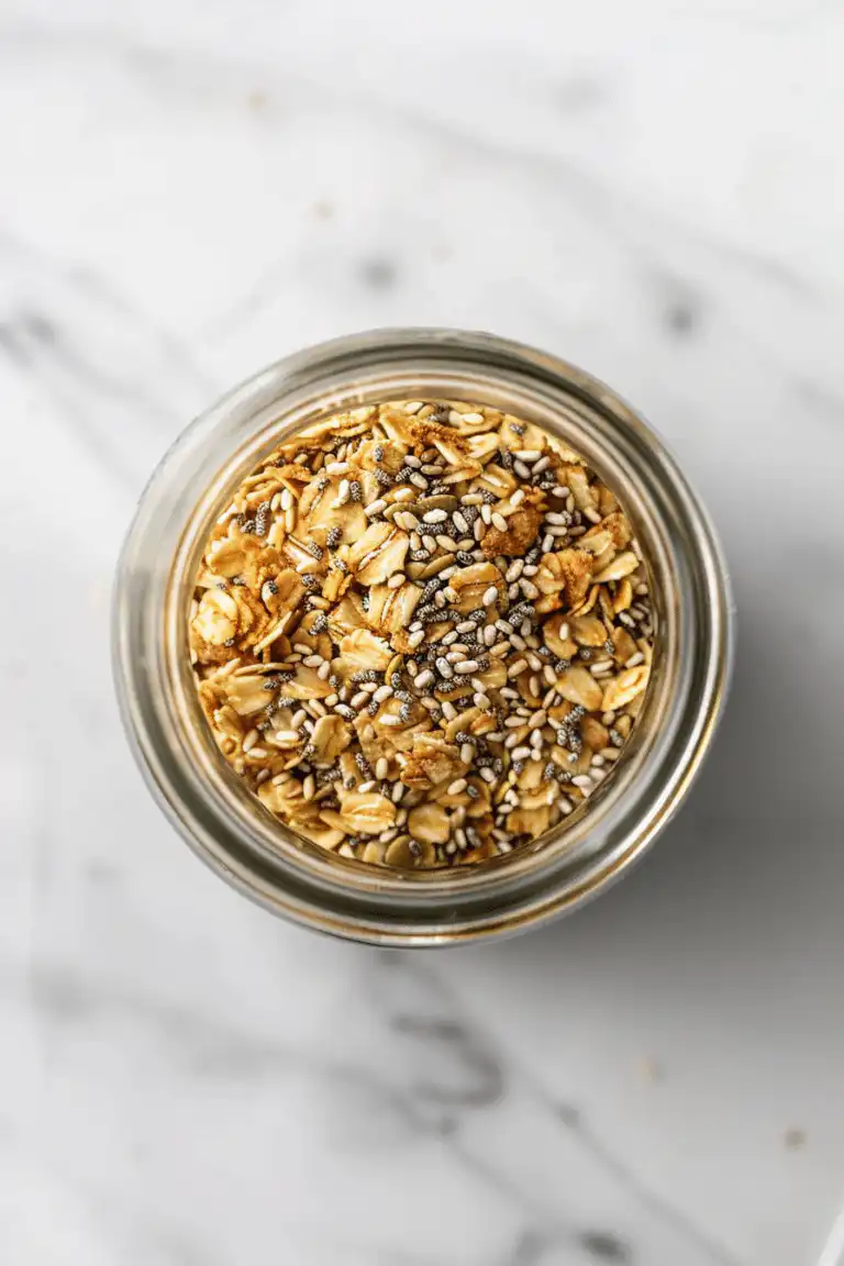 Low FODMAP granola recipe in a glass jar with oats, seeds and crunchy clusters