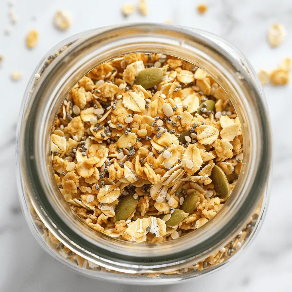 Close-up of low FODMAP granola with toasted oats, seeds and crunchy golden clusters