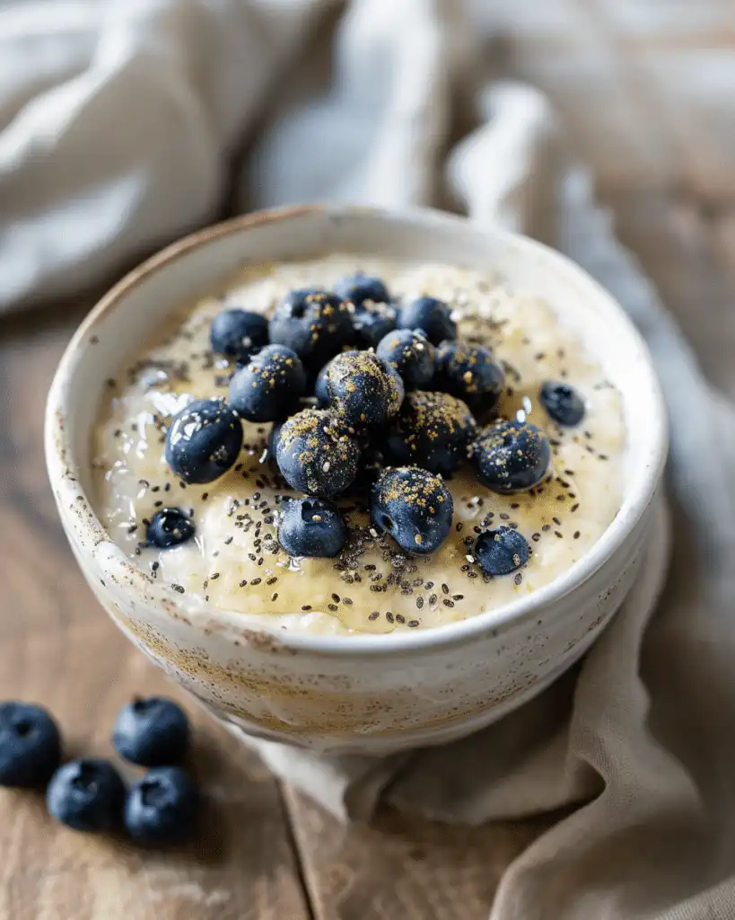 Low FODMAP oatmeal recipes with fresh blueberries in a white ceramic bowl Monash-verified IBS-safe breakfast