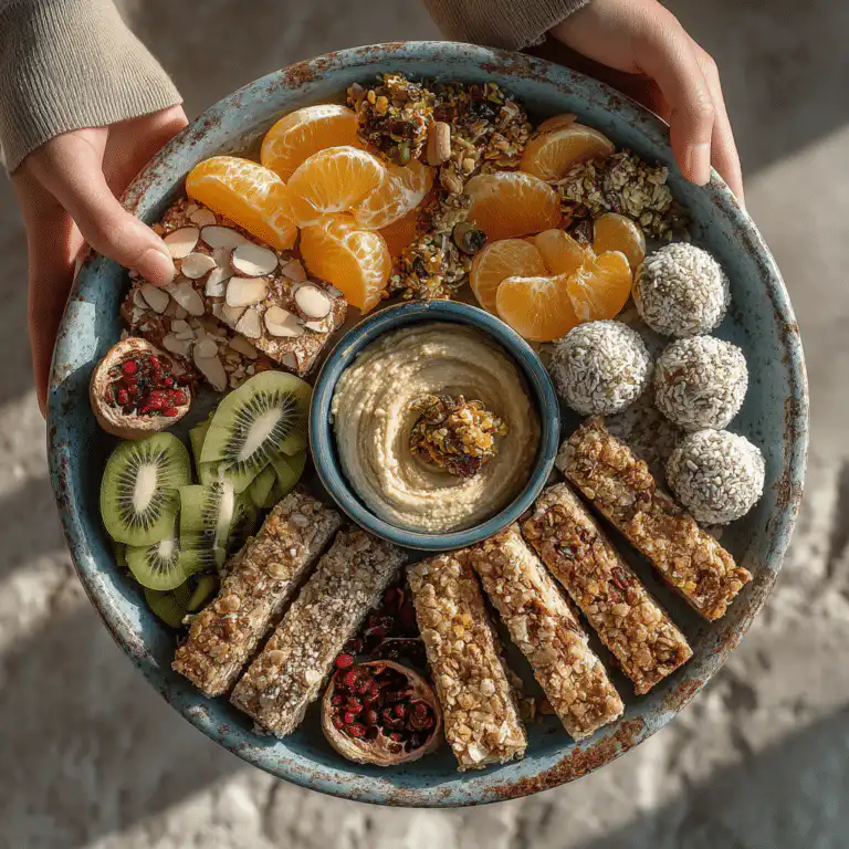 Low FODMAP snack platter featuring fresh kiwi, mandarin oranges, and gluten-free snack bars.