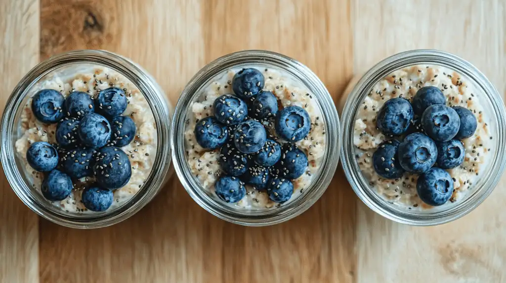 three glass airtight containers filled with prepped low FODMAP oatmeal with blueberries and chia seeds on a shelf