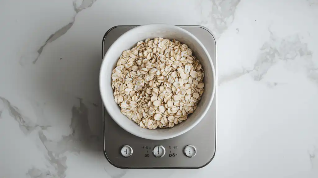 kitchen scale displaying 43 grams of certified gluten-free rolled oats in a white bowl for low FODMAP oatmeal