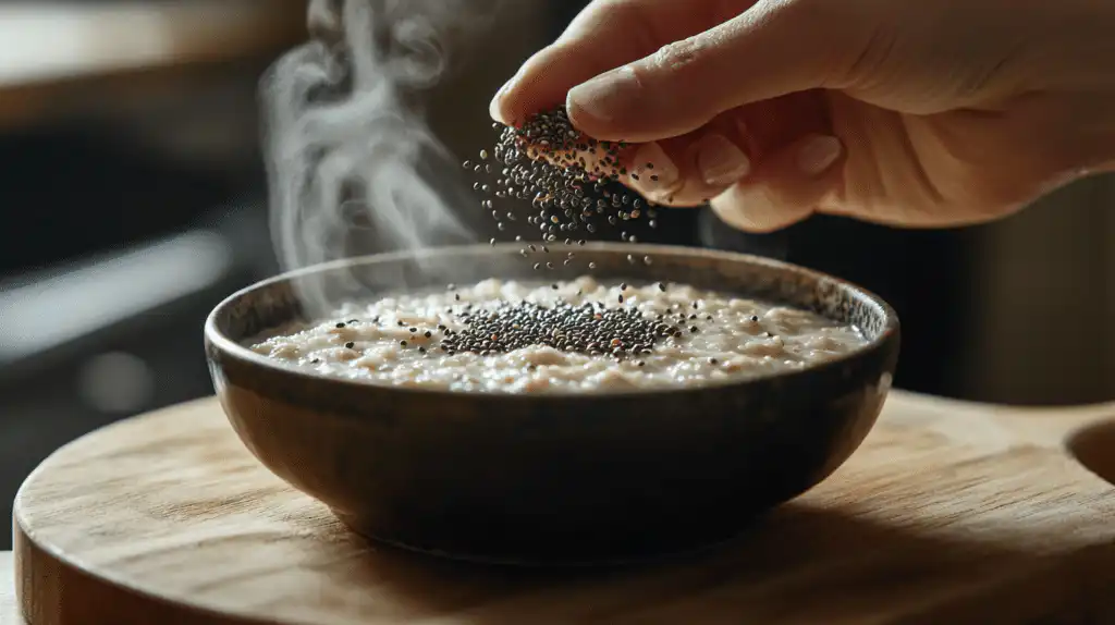 hand sprinkling chia seeds over a bowl of low FODMAP oatmeal as a safe IBS-friendly topping