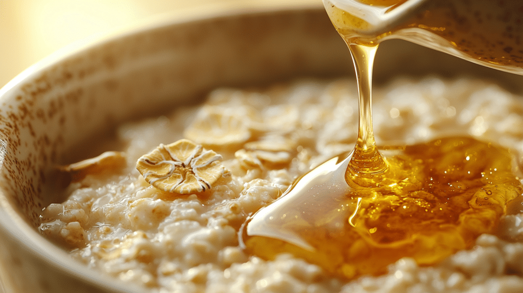 drizzling pure maple syrup over a bowl of creamy low FODMAP oatmeal