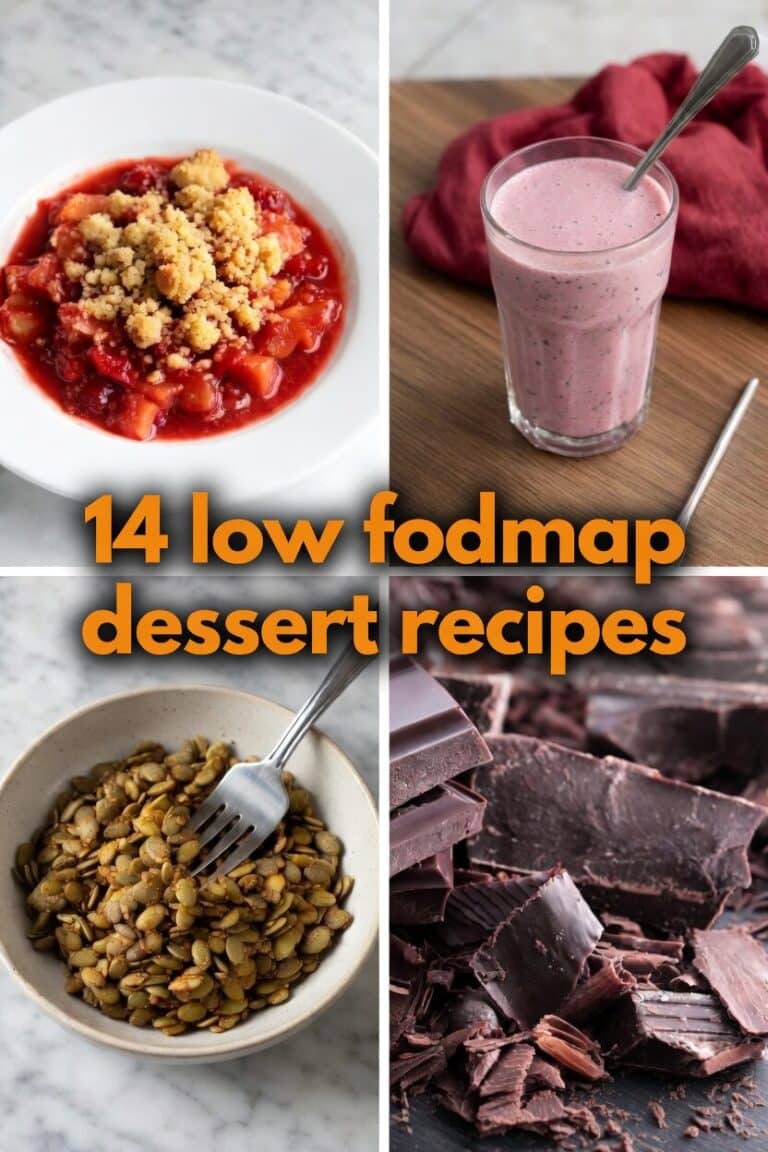 Low FODMAP dessert collage with dark chocolate, strawberry rhubarb crumble, pumpkin seeds, and blueberry smoothie