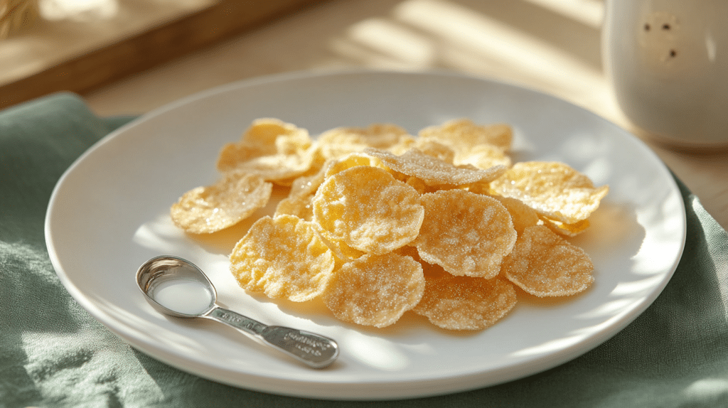 Summary layout showing cereal flakes, measuring spoon, and milk