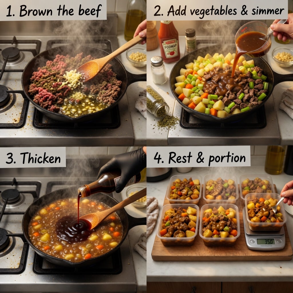 Browning lean ground beef in a cast iron skillet with clear golden oil — low FODMAP ground beef recipes