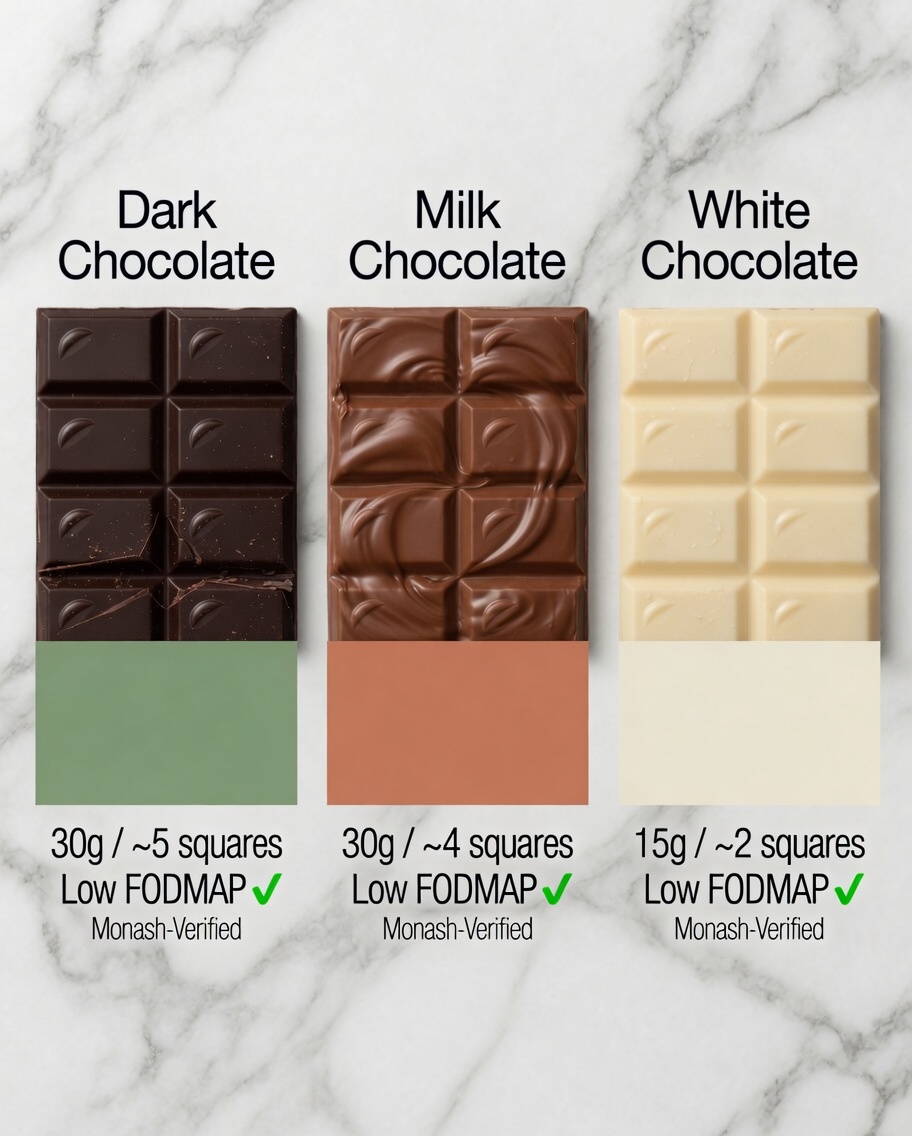 Is dark chocolate low FODMAP — 20g vs 30g Monash-verified safe serving sizes on kitchen scale