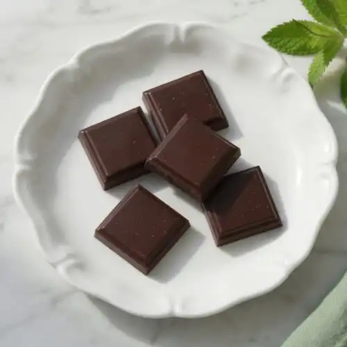 Five squares of dark chocolate representing the safe 30g low FODMAP serving size — is dark chocolate low fodmap answered