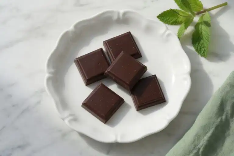 Five squares of dark chocolate representing the safe 30g low FODMAP serving size — is dark chocolate low fodmap answered