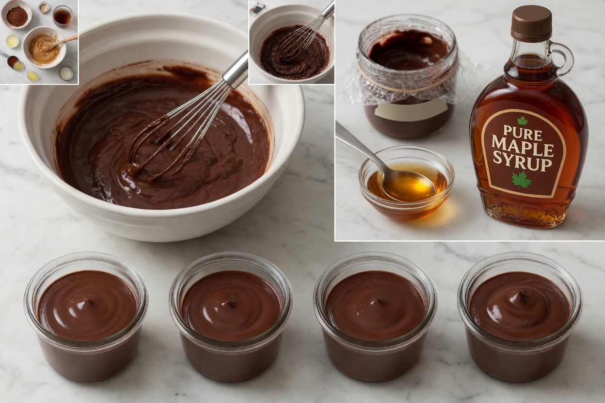 Low FODMAP dark chocolate peanut butter mousse recipe being spooned into glass jars — is dark chocolate low FODMAP safe dessert