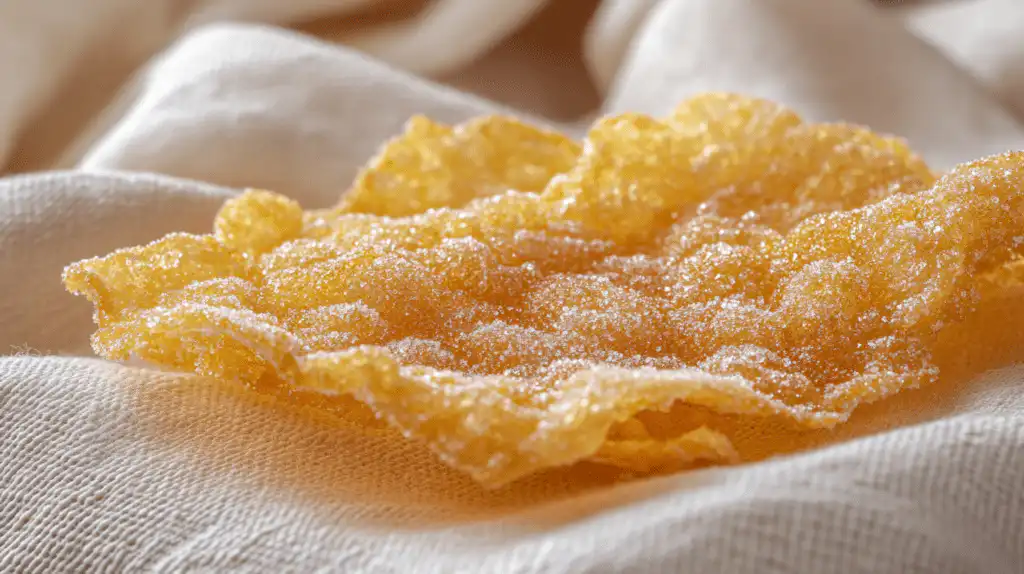 Close-up of the sugar crystallization on a single frosted corn flake