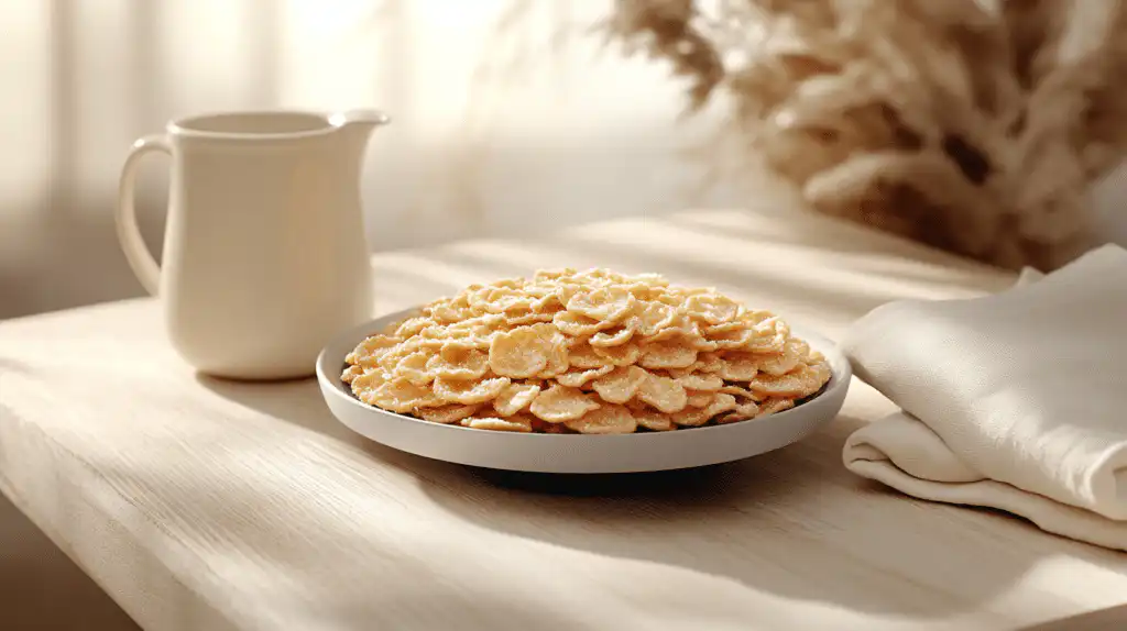 Digital scale measuring exactly 37 grams of frosted flakes next to almond milk.