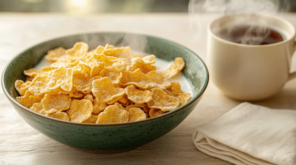 A relaxing morning breakfast setting with cereal and a cup of soothing peppermint tea