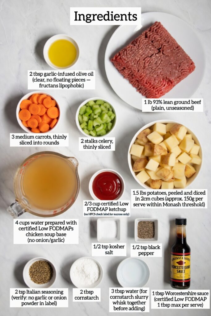 Flat lay of raw ground beef, diced potatoes, carrots, and clear garlic infused oil for low FODMAP ground beef recipes