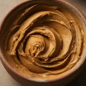 is peanut butter low FODMAP bowl of all-natural peanut butter with whole peanuts on oak wood table Monash-verified 50g serving for IBS management