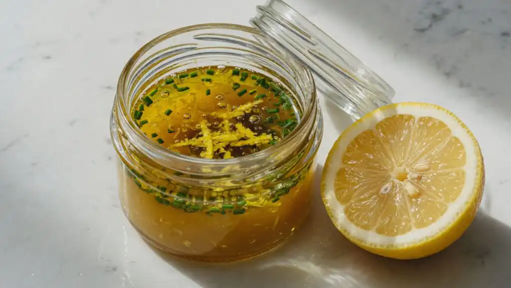 Low FODMAP lemon herb vinaigrette recipe in a glass jar with fresh chives