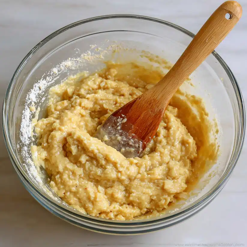 A mixing bowl with low FODMAP banana bread batter showing mashed bananas folded into gluten-free flour with a wooden spatula, top-down view.