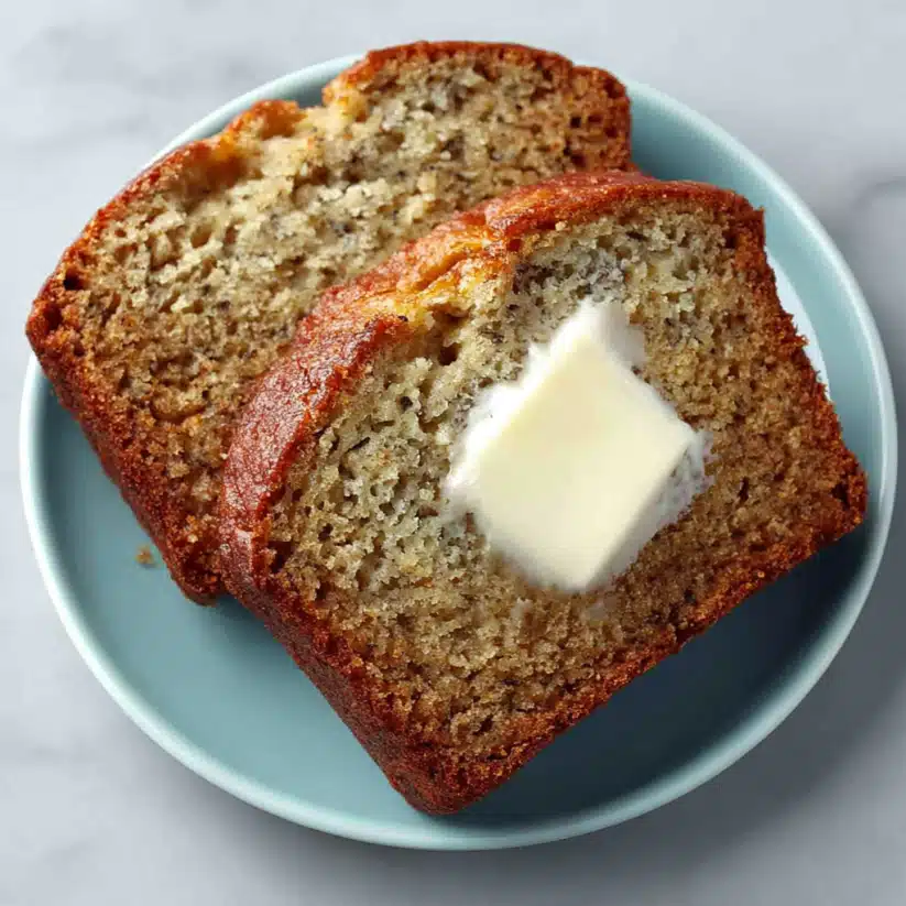 A single slice of low FODMAP banana bread served on a white plate with dairy-free spread melting on top, styled as an IBS-friendly breakfast.