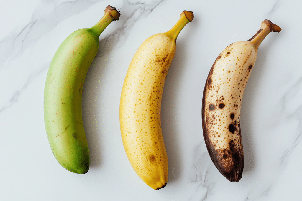 Three bananas side by side showing a firm green banana safe for IBS, a yellow ripe banana safe at 33g max, and a brown spotted banana labeled high FODMAP.