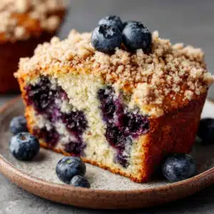 Inside view of a vegan low-fodmap blueberry muffin with whole muffins surrounding