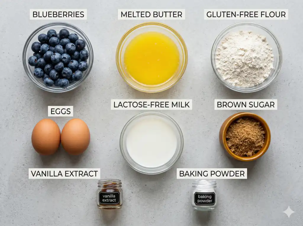 Ingredients for low FODMAP blueberry muffins flat lay