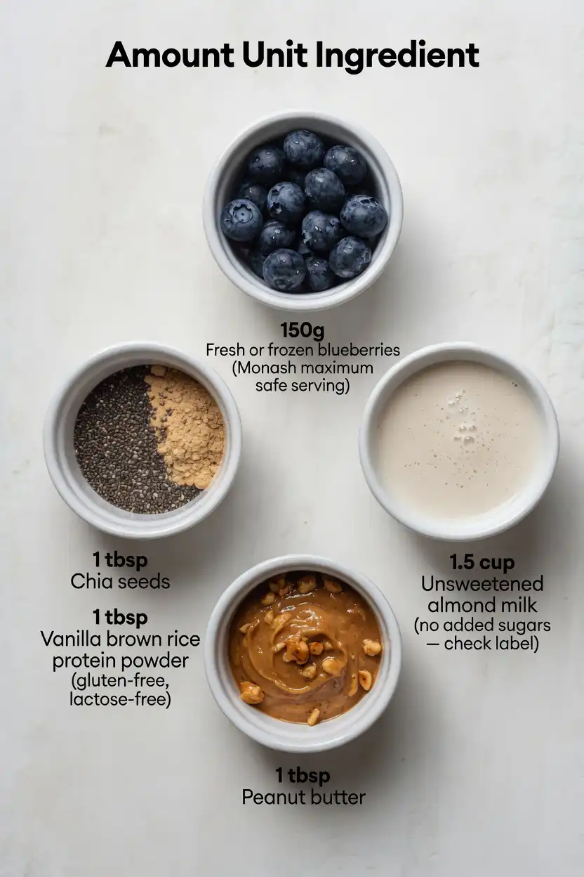 Low FODMAP blueberry smoothie ingredients flat lay — are blueberries low fodmap