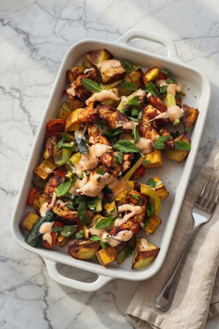 Overhead bowl of low FODMAP chicken recipes traybake with roasted vegetables, IBS safe and Monash-verified