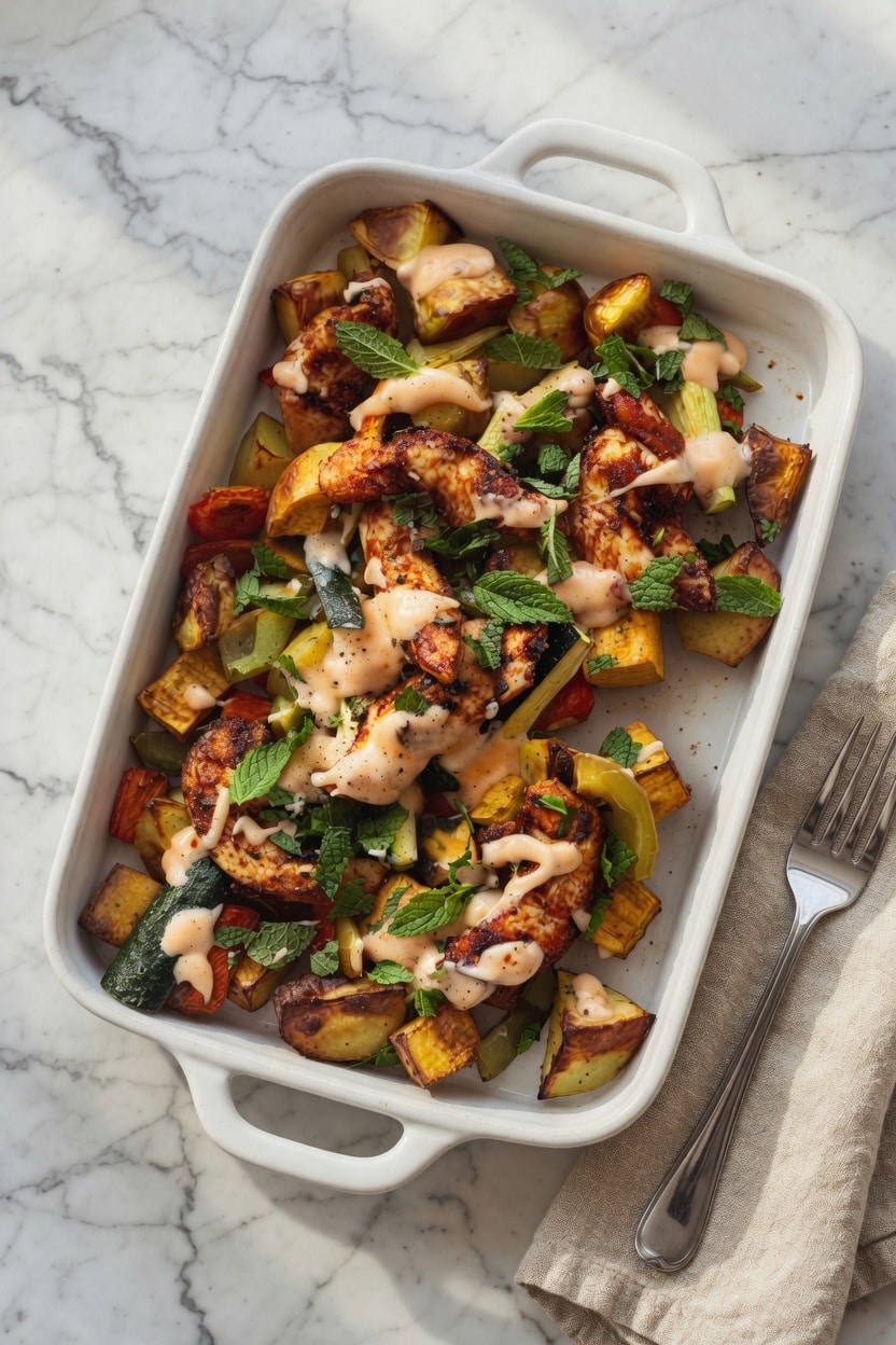 Overhead bowl of low FODMAP chicken recipes traybake with roasted vegetables, IBS safe and Monash-verified
