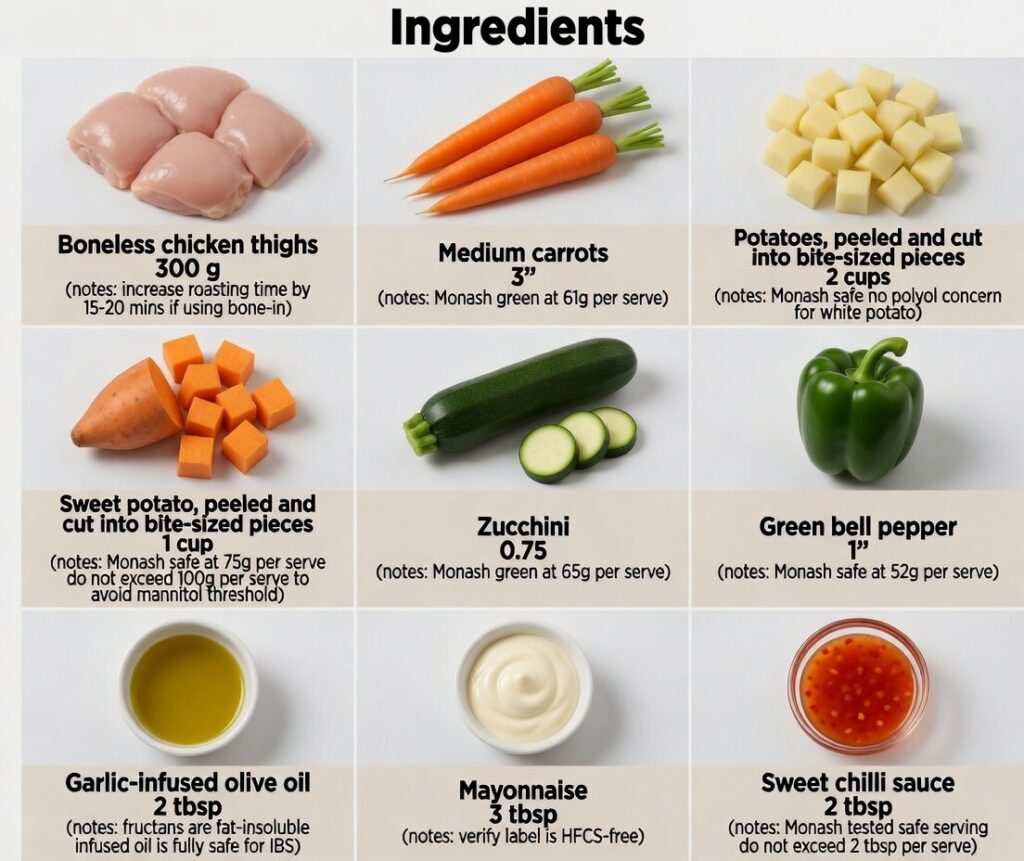Flat lay of low FODMAP chicken recipes ingredients including chicken thighs, carrots, zucchini, sweet potato and safe sauce
