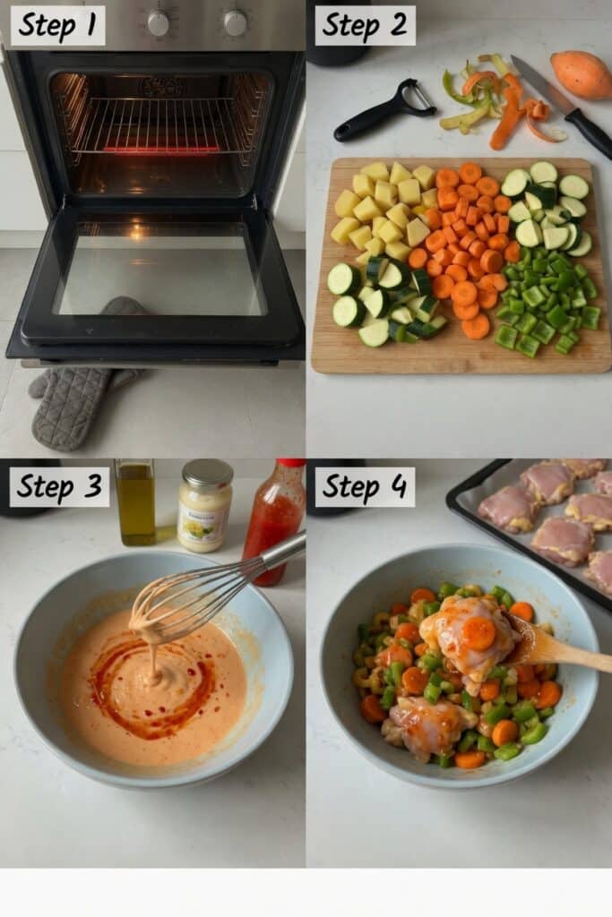 Step-by-step preparation of low FODMAP chicken recipes traybake showing vegetables, sauce and raw chicken
