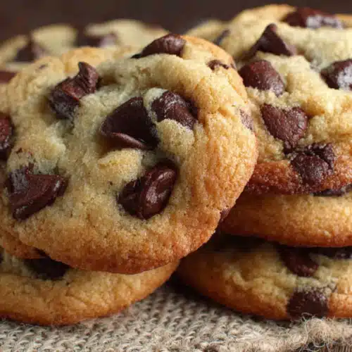 A golden stack of thick low FODMAP chocolate chip cookies on burlap