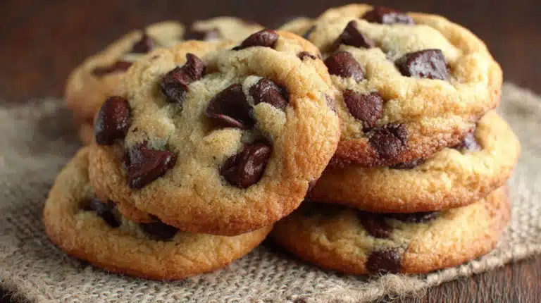 A golden stack of thick low FODMAP chocolate chip cookies on burlap