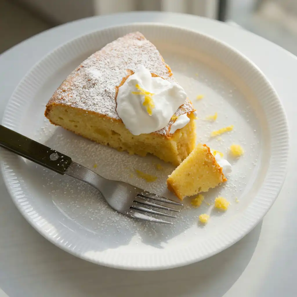Low FODMAP gluten free lemon cake slice on plate