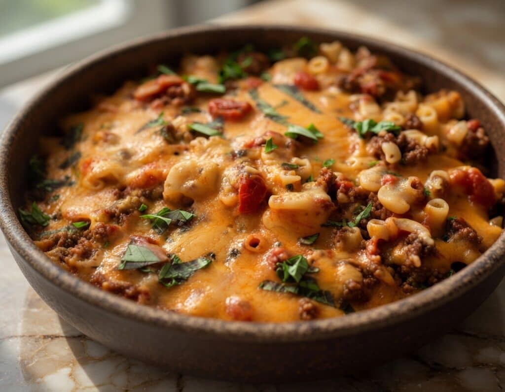 A rustic bowl of low FODMAP ground beef and potato stew with thick glossy broth — low FODMAP ground beef recipes